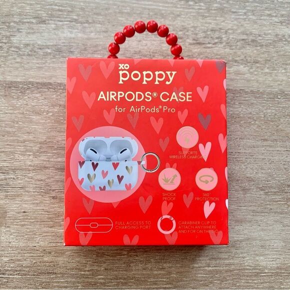 XO Poppy Clear Case Keychain for Airpods Pro Red Gold Hearts NIB - Picture 2 of 3